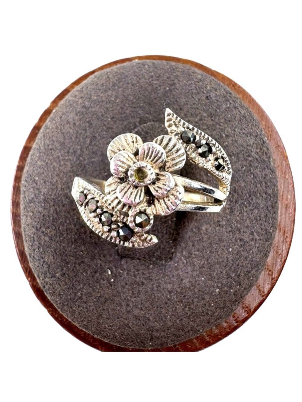 Marcasite Floral Design Bypass Ring VTG Solid Sterling Silver 925 Size 6.5